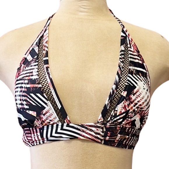 Express Bikini Top Swim Black Print Mesh Swimsuit S Small New - Picture 1 of 6